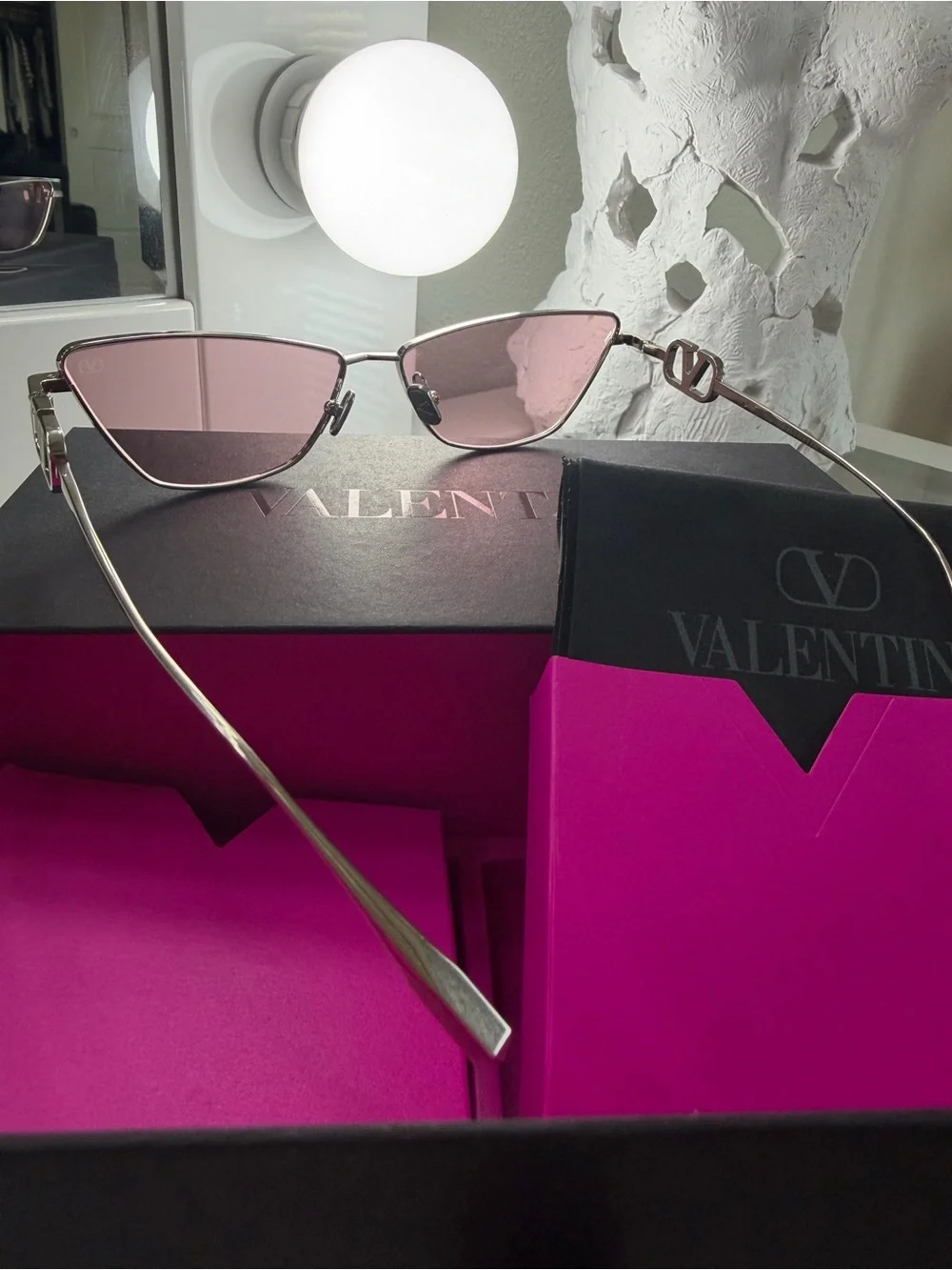 Valentino Pink Lens Silver Cat-Eye Sunglasses